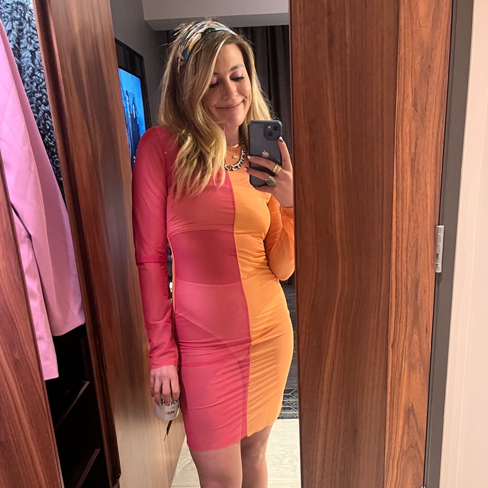 Amylynn sheer orange and hot pink dress long sleave